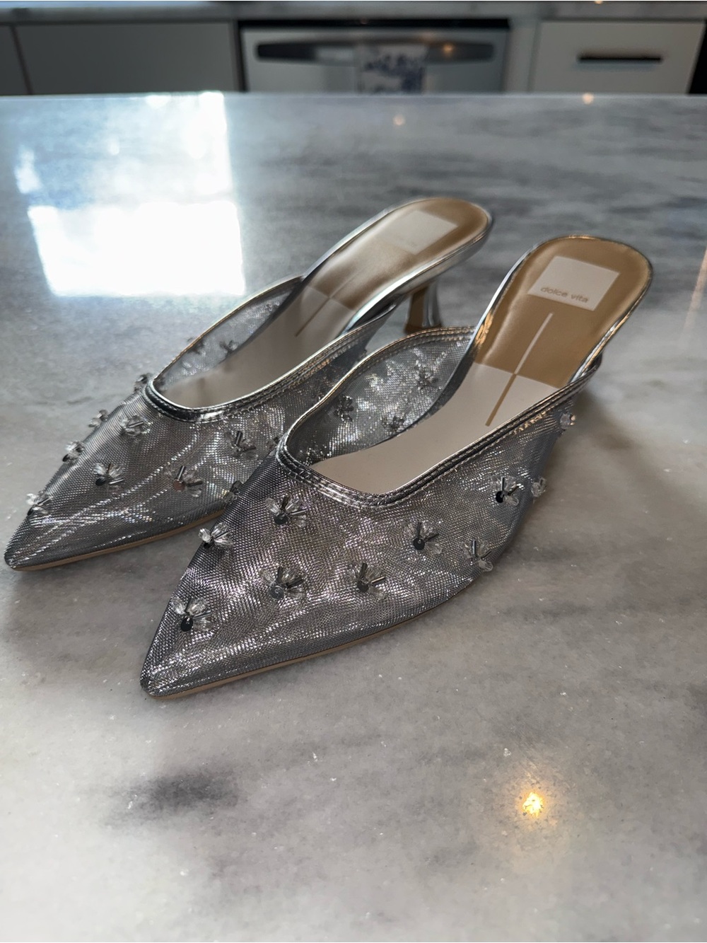 Dolce Vita Silver Mesh Pointed Toe Embellished Mules